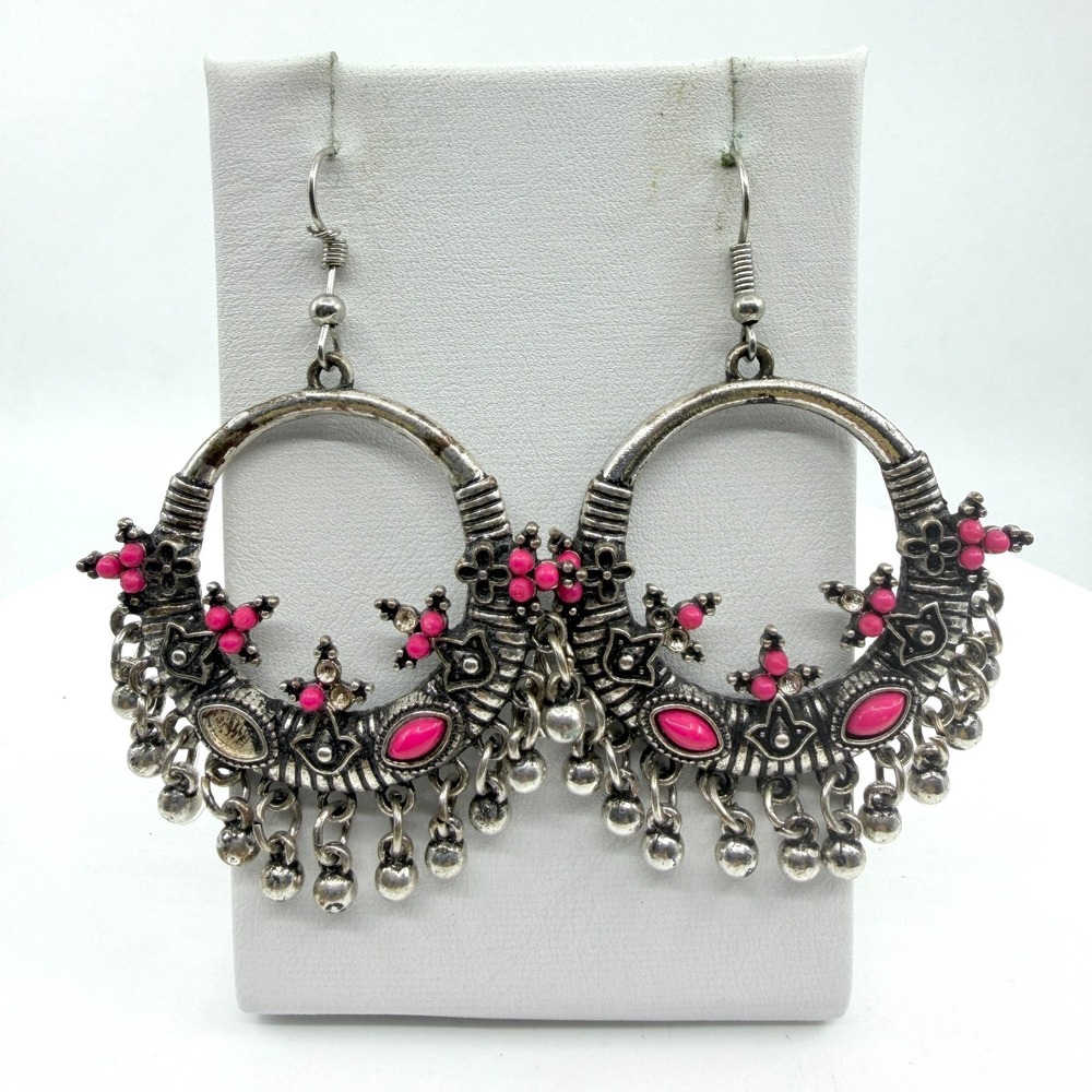 Oxidized Silver Tone Hoop Earrings with Pink Stone - Ethnic Dangle Jewelry